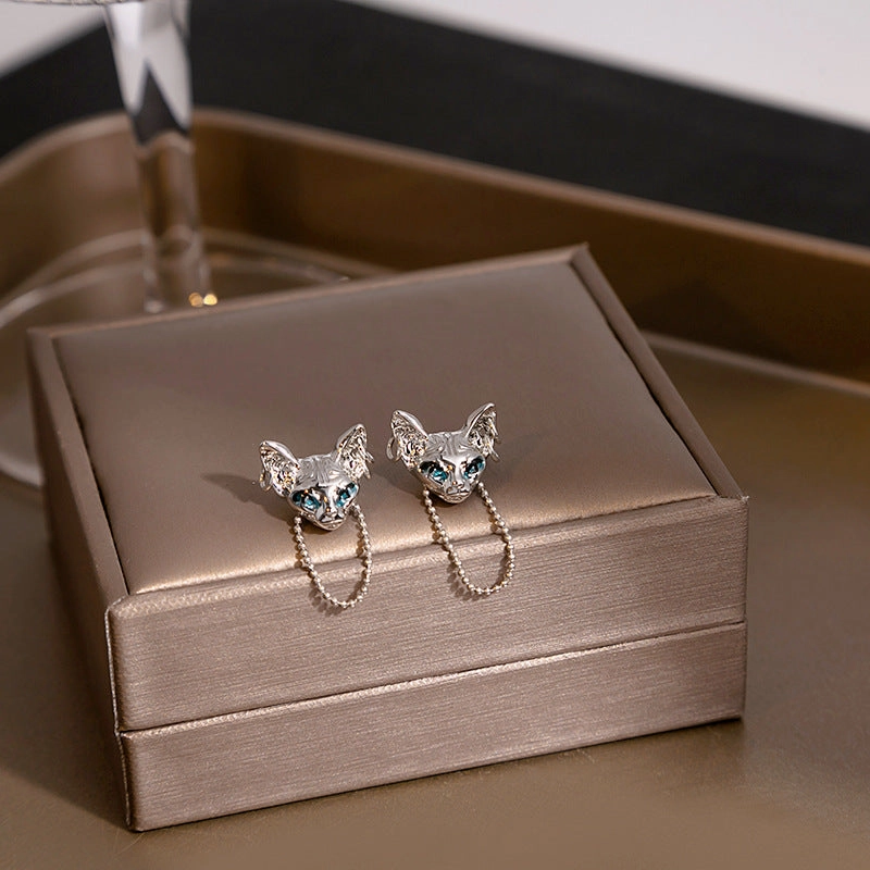 Wholesale Silver Stitch Cat Chain Tassel Alloy Earrings