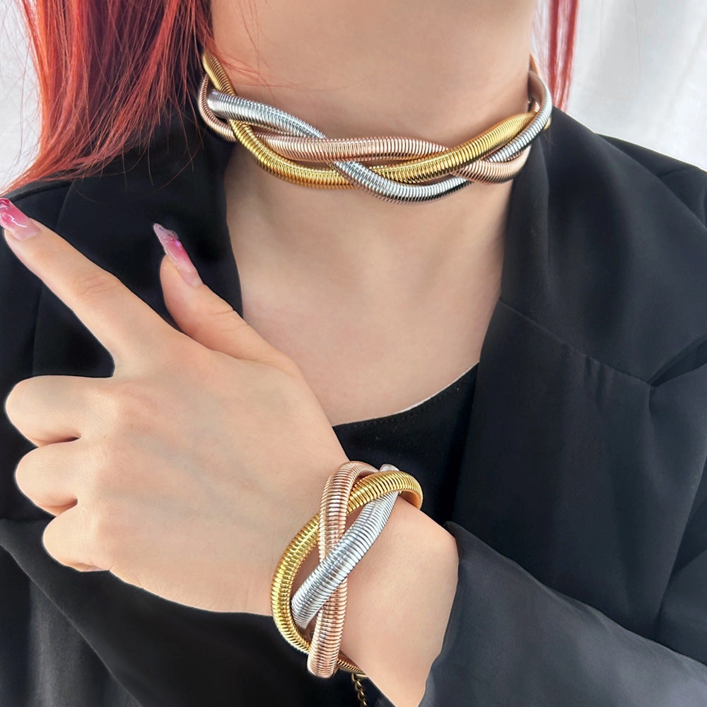 Wholesale Simple Hand-woven Three-layer Twist Titanium Steel Necklace Bracelet