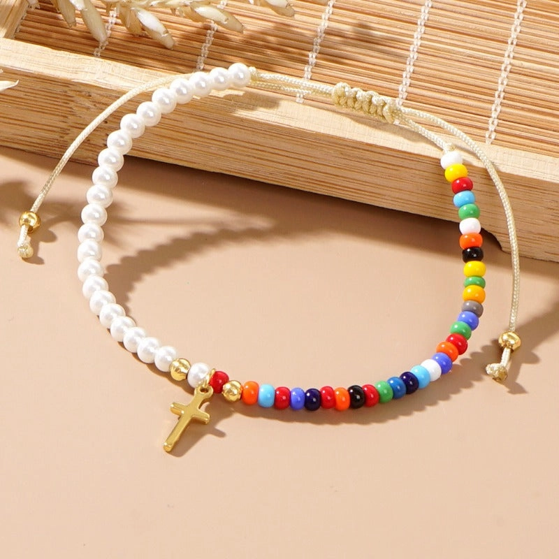 Wholesale Simple Style Fashion Cross Color Beads Imitation Pearl Bracelet