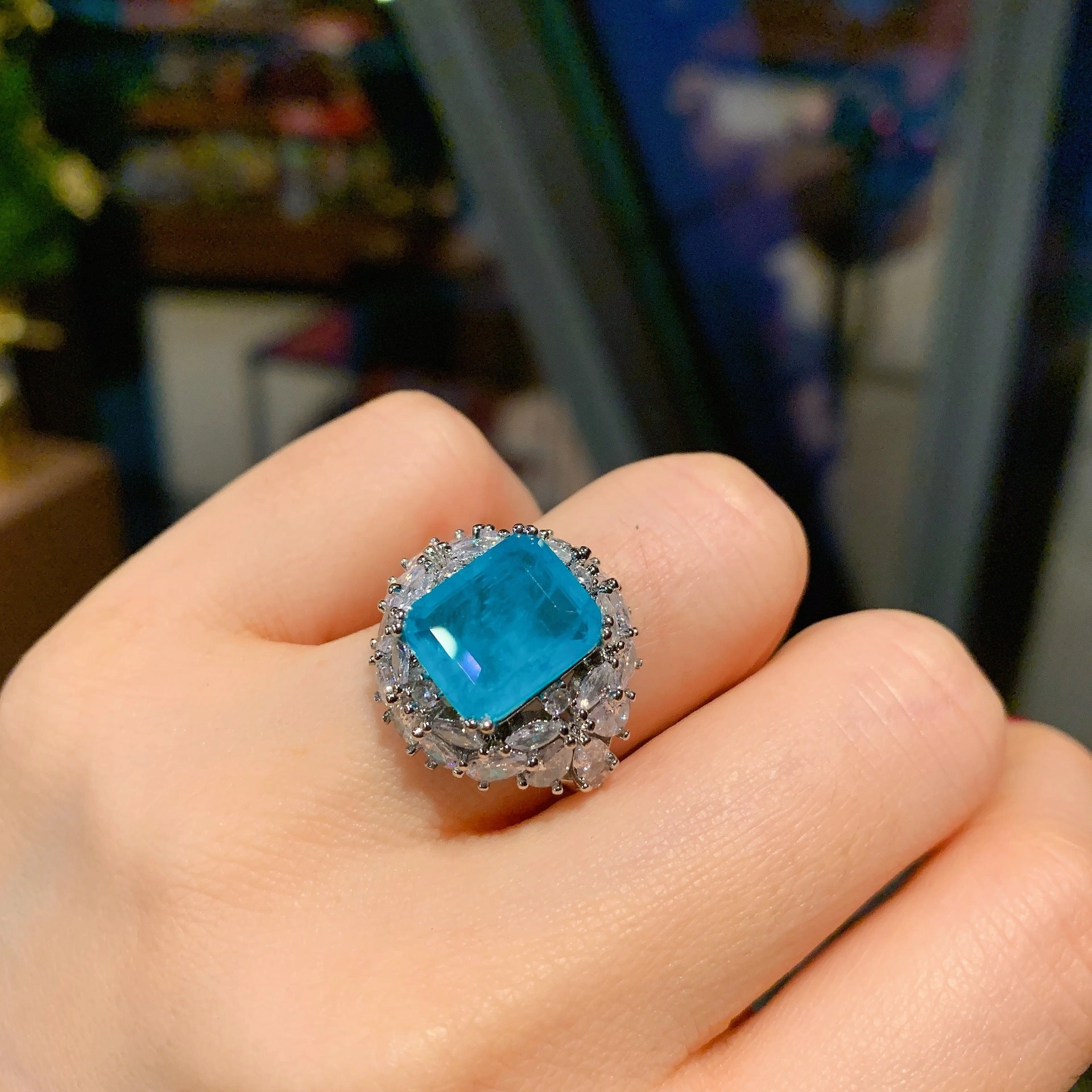 Wholesale Simulated Paraiba Ring Necklace Earrings Jewelry Set