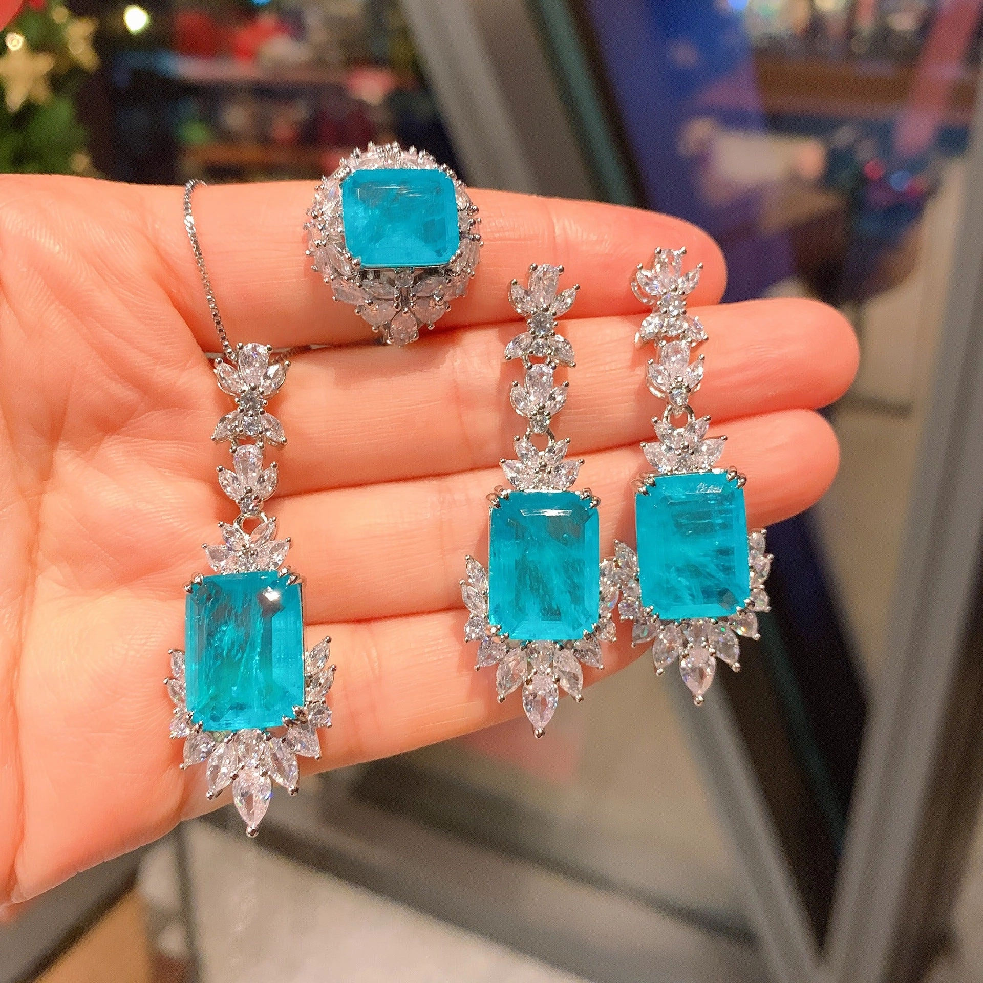 Wholesale Simulated Paraiba Ring Necklace Earrings Jewelry Set