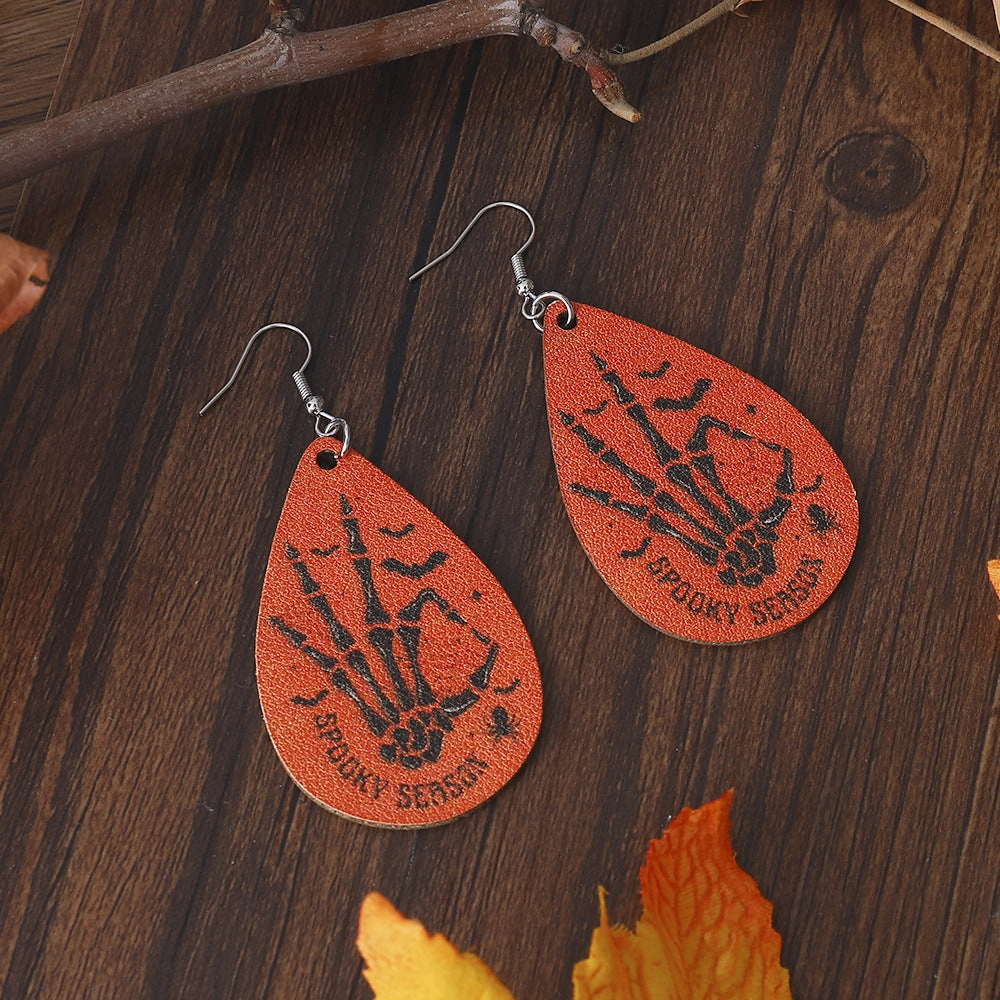 Wholesale Skull Hand Water Drop Double Sided PU Leather Earrings