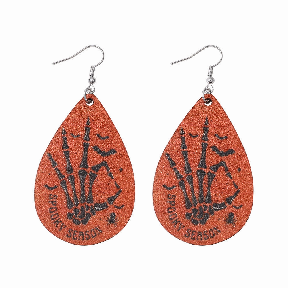 Wholesale Skull Hand Water Drop Double Sided PU Leather Earrings
