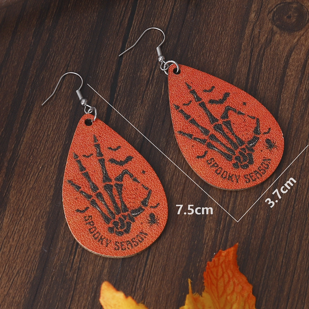 Wholesale Skull Hand Water Drop Double Sided PU Leather Earrings