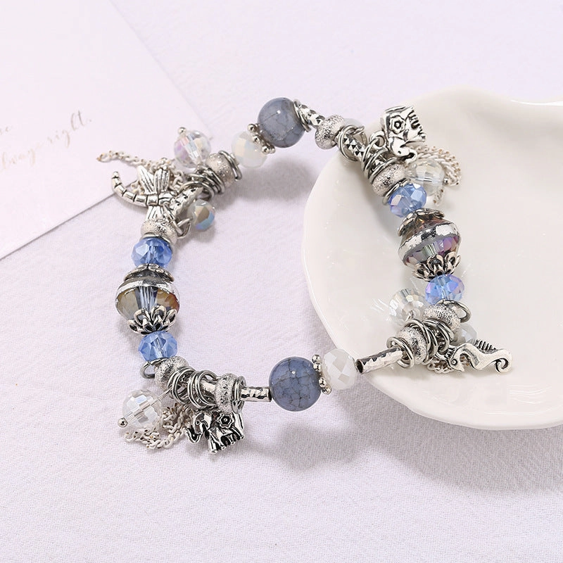Wholesale Small Elephant Dragonfly Pendant Tassel Natural Crystal Stone Alloy Bracelet
