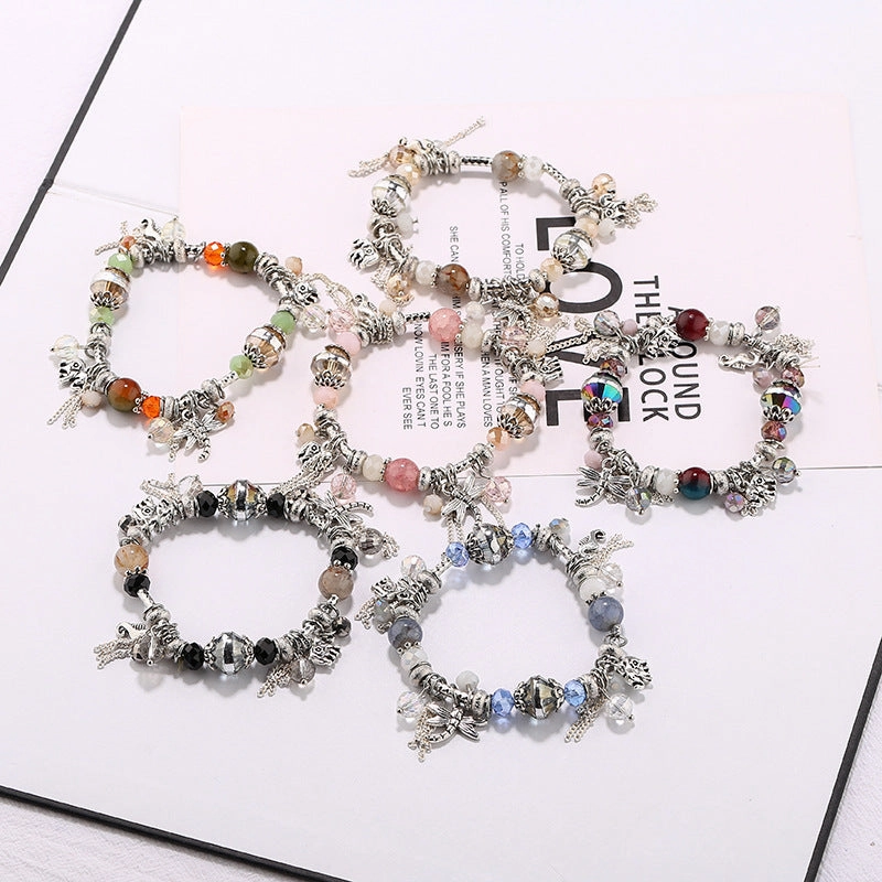 Wholesale Small Elephant Dragonfly Pendant Tassel Natural Crystal Stone Alloy Bracelet