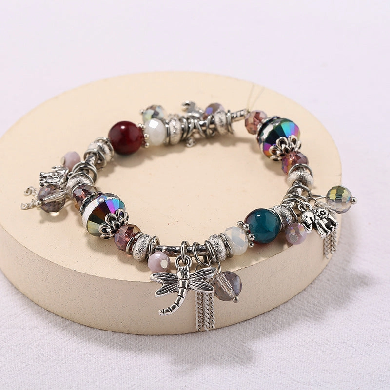 Wholesale Small Elephant Dragonfly Pendant Tassel Natural Crystal Stone Alloy Bracelet