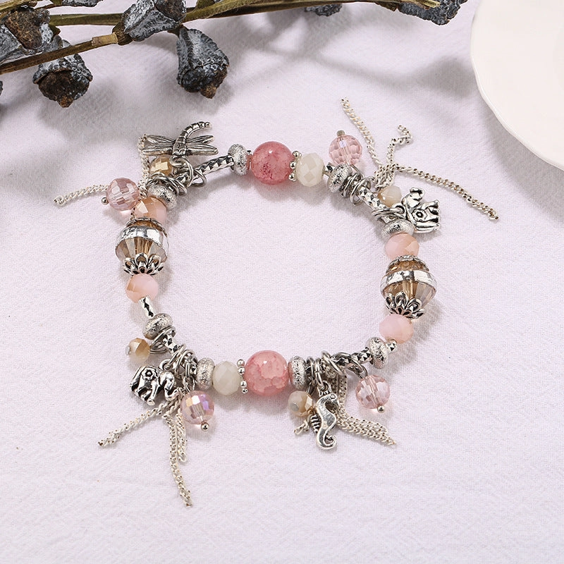 Wholesale Small Elephant Dragonfly Pendant Tassel Natural Crystal Stone Alloy Bracelet