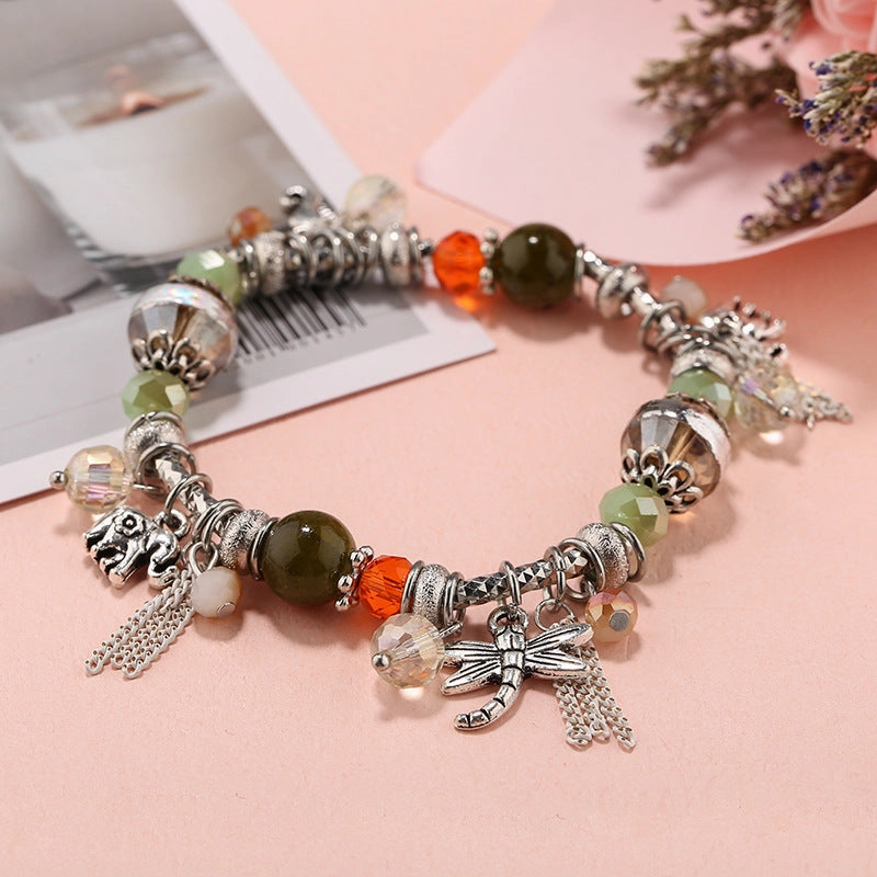 Wholesale Small Elephant Dragonfly Pendant Tassel Natural Crystal Stone Alloy Bracelet