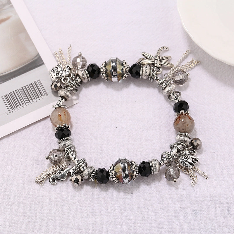 Wholesale Small Elephant Dragonfly Pendant Tassel Natural Crystal Stone Alloy Bracelet