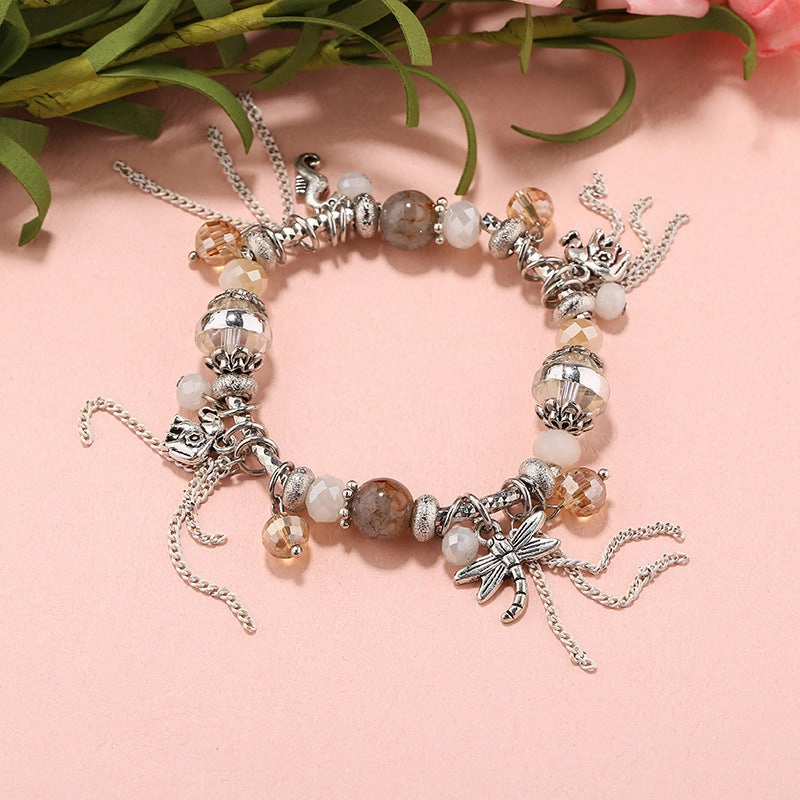 Wholesale Small Elephant Dragonfly Pendant Tassel Natural Crystal Stone Alloy Bracelet