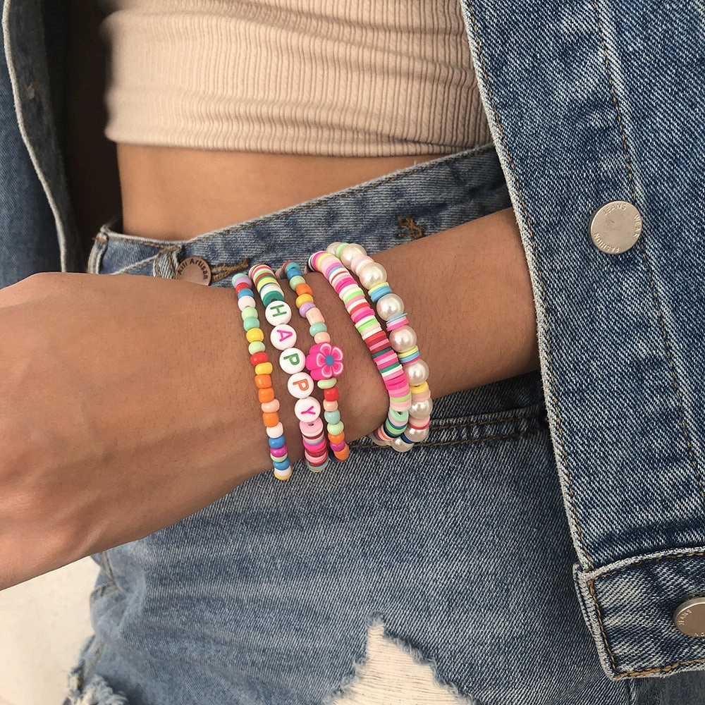 Wholesale Soft Pottery Alphabet Beaded Colorful Bracelet