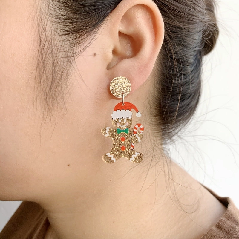 Wholesale Sparkling Pink Acrylic Gingerbread Man Cartoon Earrings