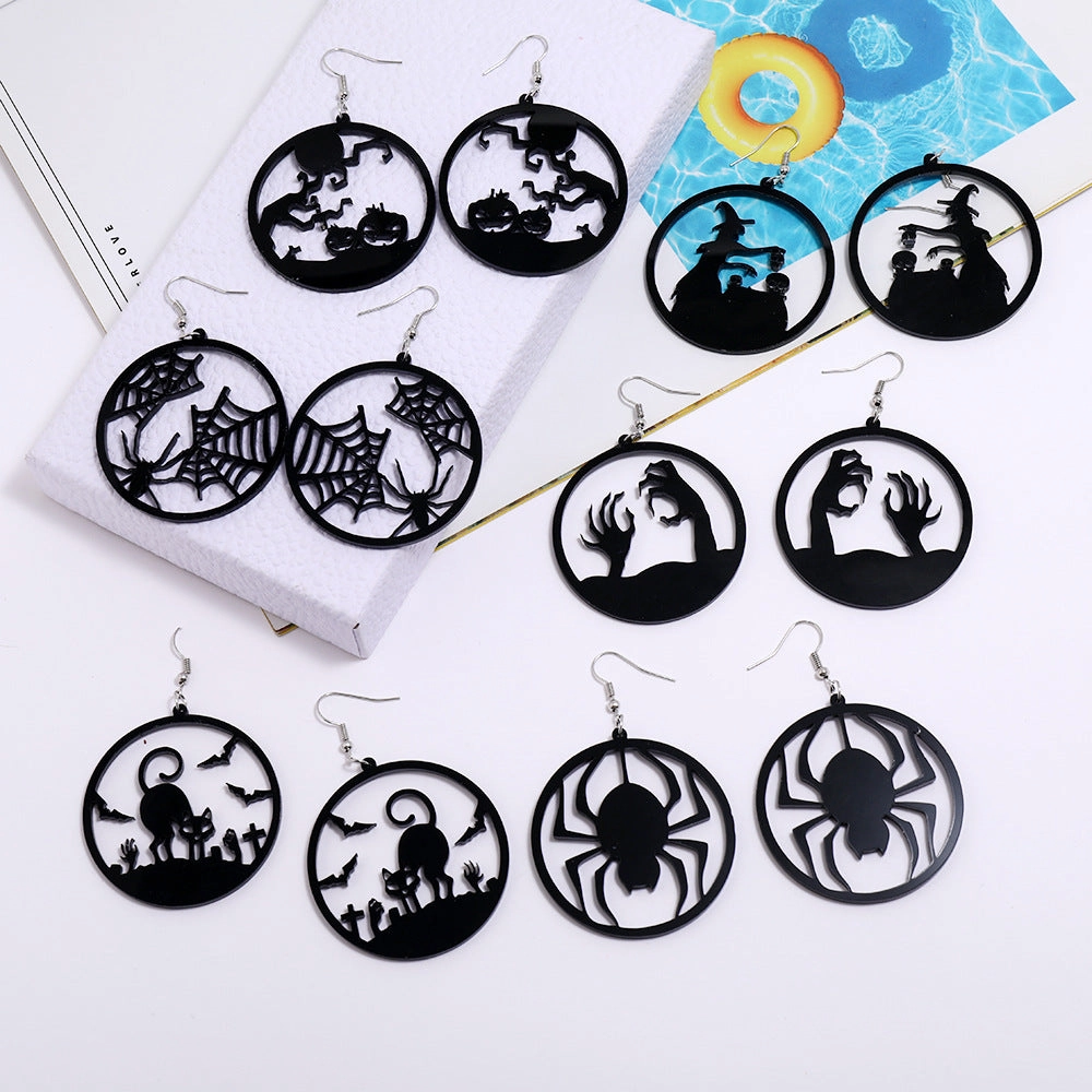 Wholesale Spider Pumpkin Witch Black Cat Round Acrylic Halloween Earrings