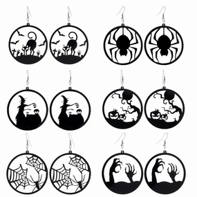 Wholesale Spider Pumpkin Witch Black Cat Round Acrylic Halloween Earrings