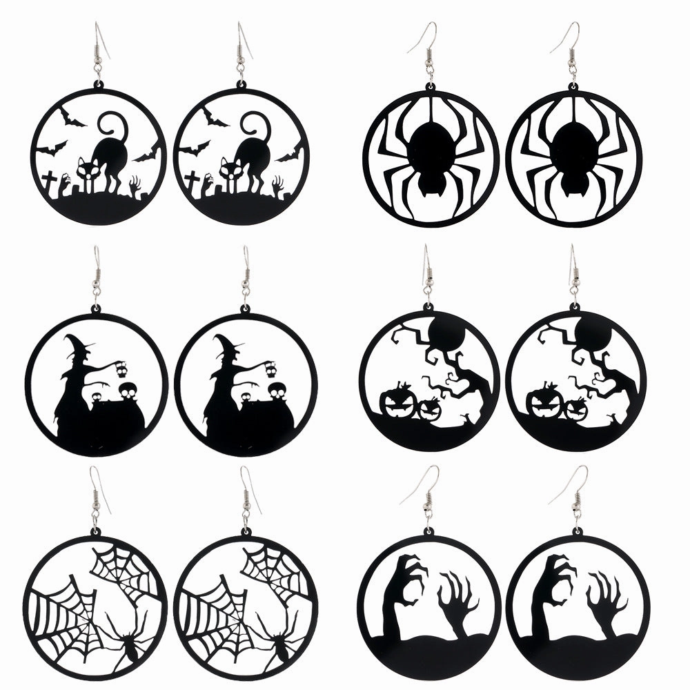 Wholesale Spider Pumpkin Witch Black Cat Round Acrylic Halloween Earrings