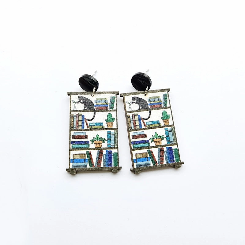 Wholesale Splicing Bookshelf Graduation Season Opening Season Wood Earrings