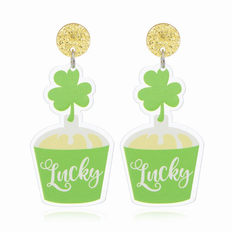 Wholesale St. Patrick's Day Acrylic Shamrock Hot Air Balloon Hat Cartoon Earrings
