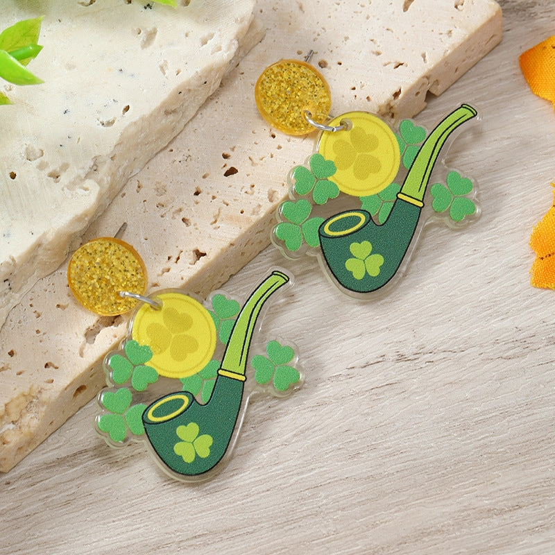 Wholesale St. Patrick's Day Acrylic Shamrock Hot Air Balloon Hat Cartoon Earrings