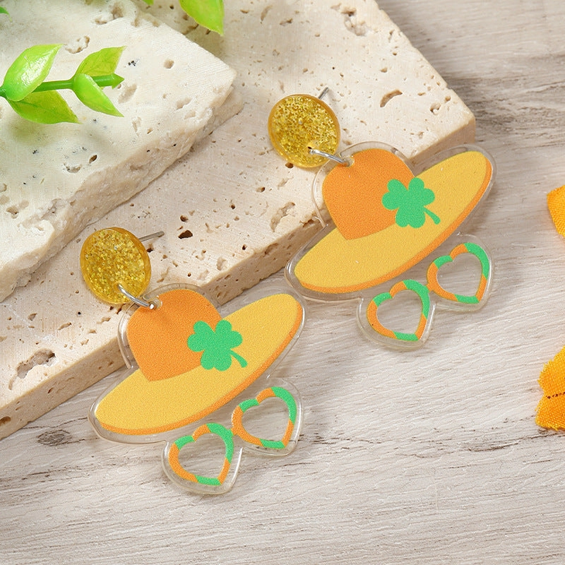 Wholesale St. Patrick's Day Acrylic Shamrock Hot Air Balloon Hat Cartoon Earrings