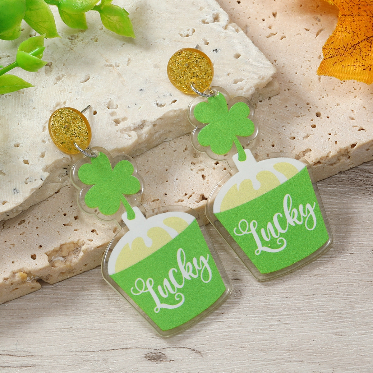 Wholesale St. Patrick's Day Acrylic Shamrock Hot Air Balloon Hat Cartoon Earrings