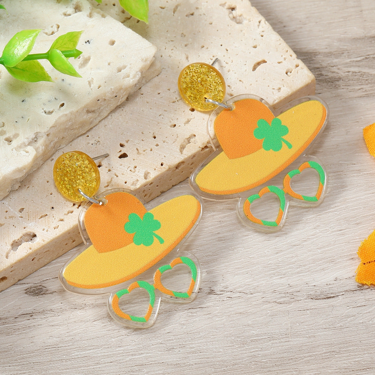 Wholesale St. Patrick's Day Acrylic Shamrock Hot Air Balloon Hat Cartoon Earrings