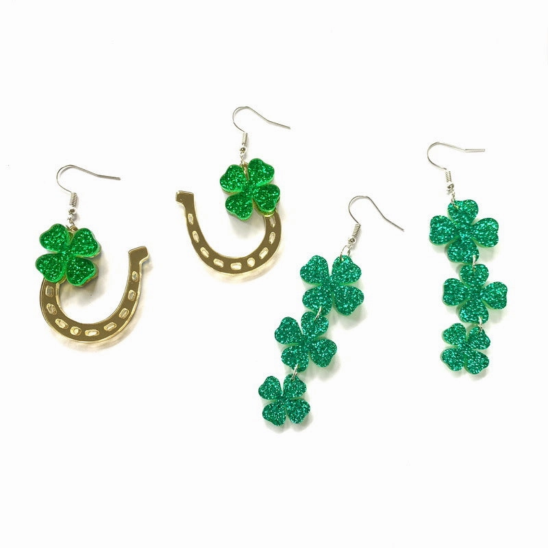 Wholesale St. Patrick's Day Glitter Clover Acrylic Earrings