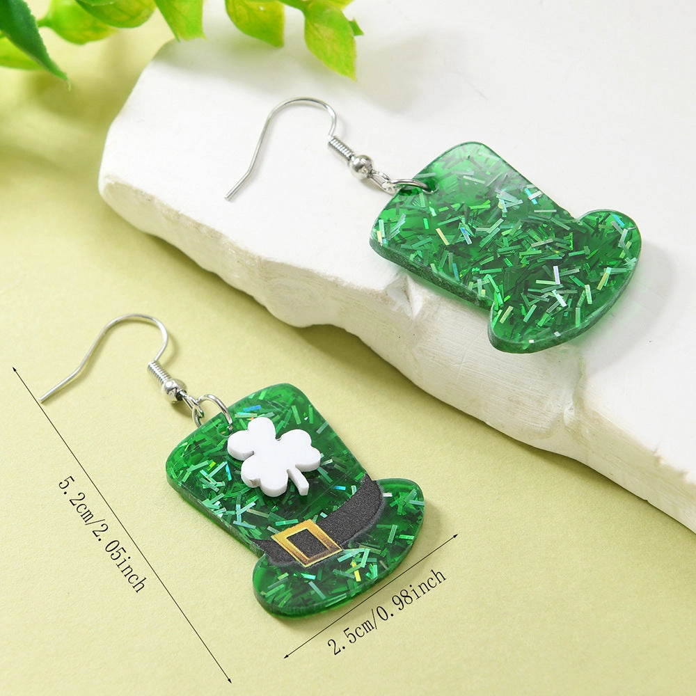 Wholesale St. Patrick's Day Green Hat Lucky Grass Clover Exaggerated Carnival Acrylic Double-Sided Earrings