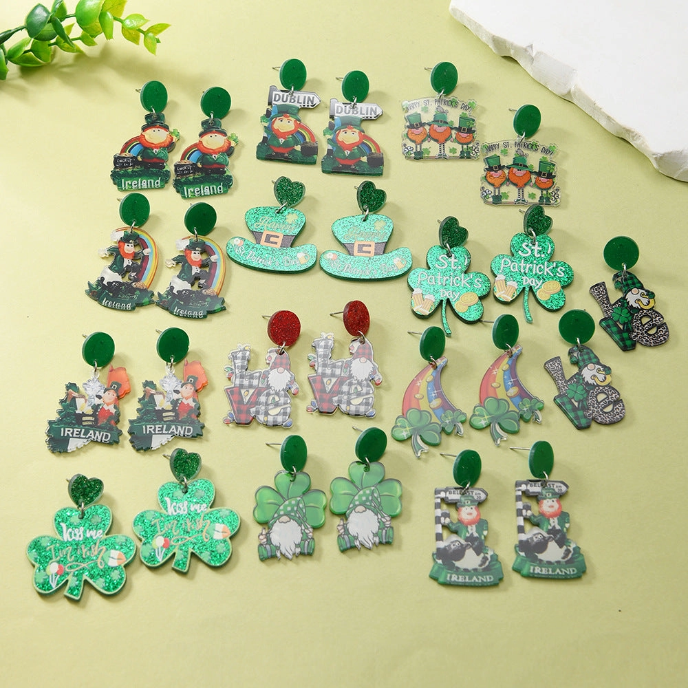 Wholesale St. Patrick's Day Green Hat Lucky Grass Clover Exaggerated Carnival Acrylic Double-Sided Earrings