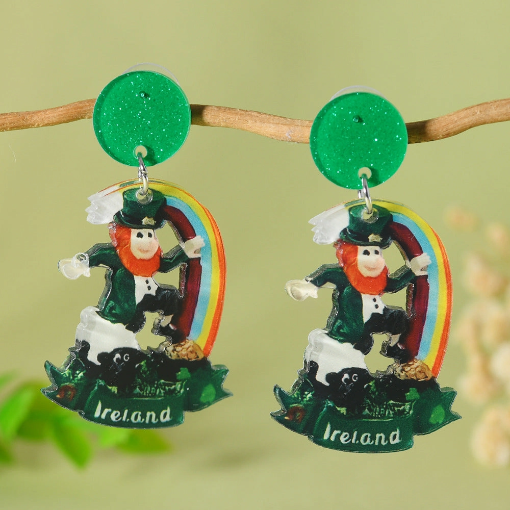 Wholesale St. Patrick's Day Green Hat Lucky Grass Clover Exaggerated Carnival Acrylic Double-Sided Earrings