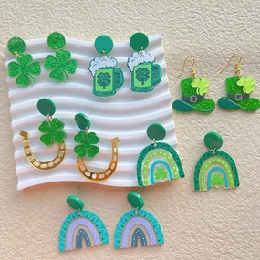 Wholesale St. Patrick's Day Irish Carnival Green Acrylic Glitter Clover Earrings
