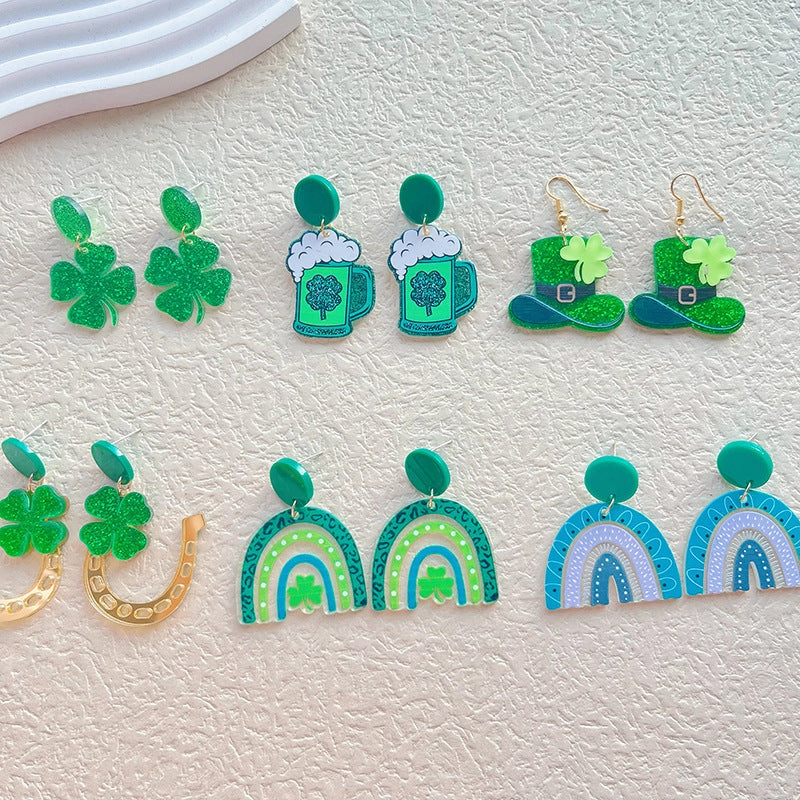 Wholesale St. Patrick's Day Irish Carnival Green Acrylic Glitter Clover Earrings