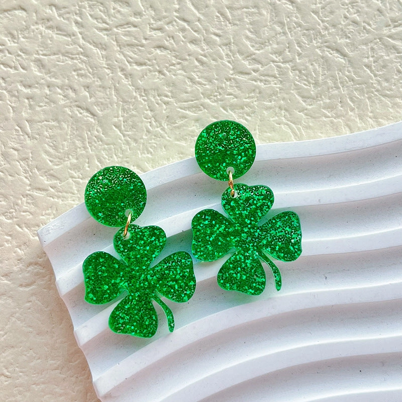 Wholesale St. Patrick's Day Irish Carnival Green Acrylic Glitter Clover Earrings