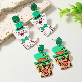 Wholesale St. Patrick's Day Kittens, Dogs, Skulls, Clover Acrylic Earrings
