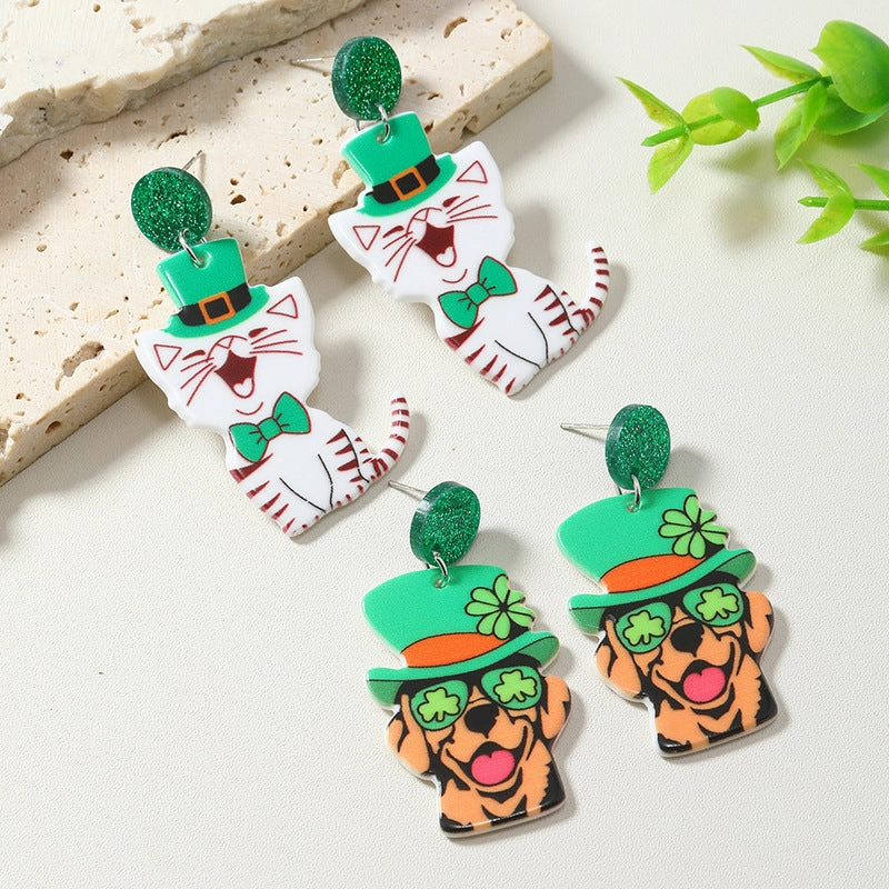 Wholesale St. Patrick's Day Kittens, Dogs, Skulls, Clover Acrylic Earrings