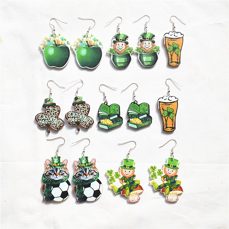 Wholesale St. Patrick's festival dwarf lucky clover green dwarf Irish earrings for women