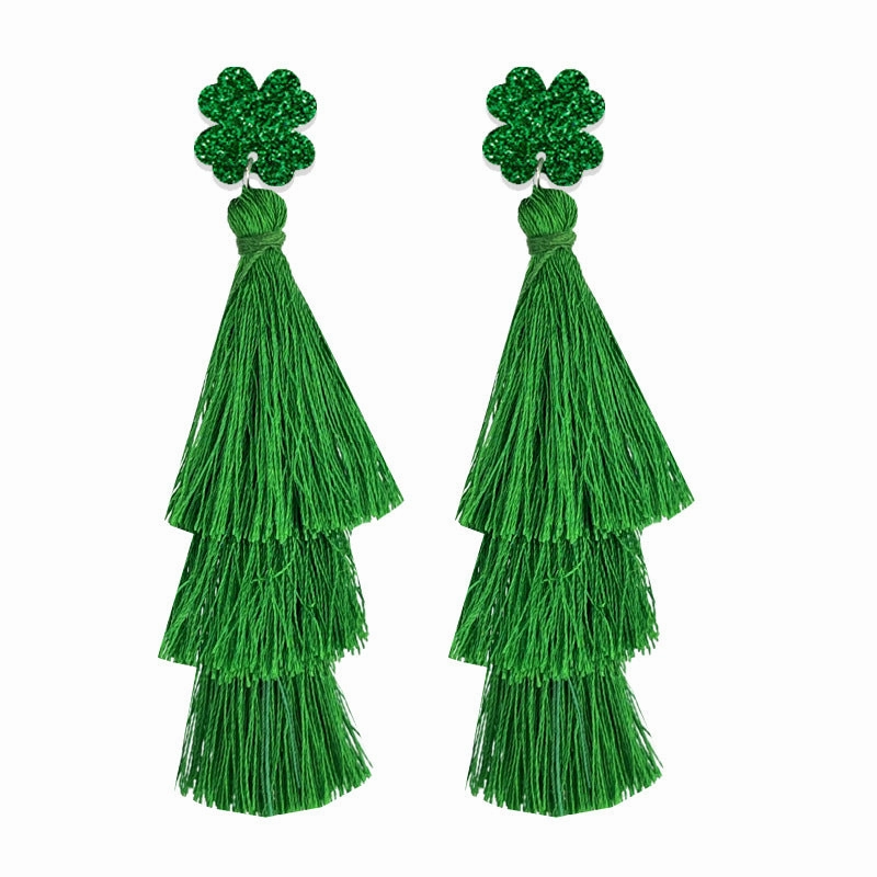 Wholesale St. Patrick's Green Festive Atmosphere Multi-layered Tassel Four-leaf Clover Earrings
