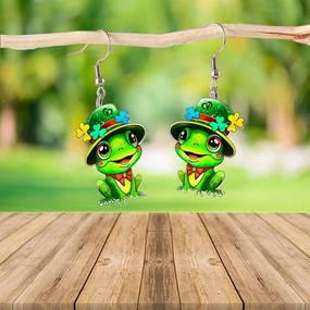Wholesale St. Patrick's Holiday Clover Hat Frog Acrylic Cartoon Funny Earrings