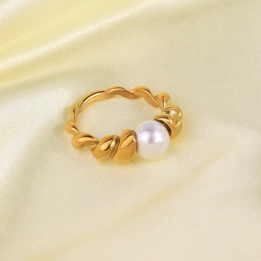 Wholesale Stainless Steel 18K Gold Inlaid with Pearl Natural Stone Ring Finger