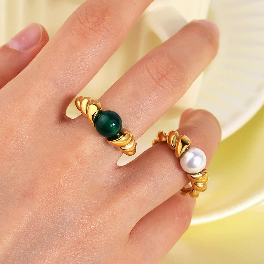 Wholesale Stainless Steel 18K Gold Inlaid with Pearl Natural Stone Ring Finger