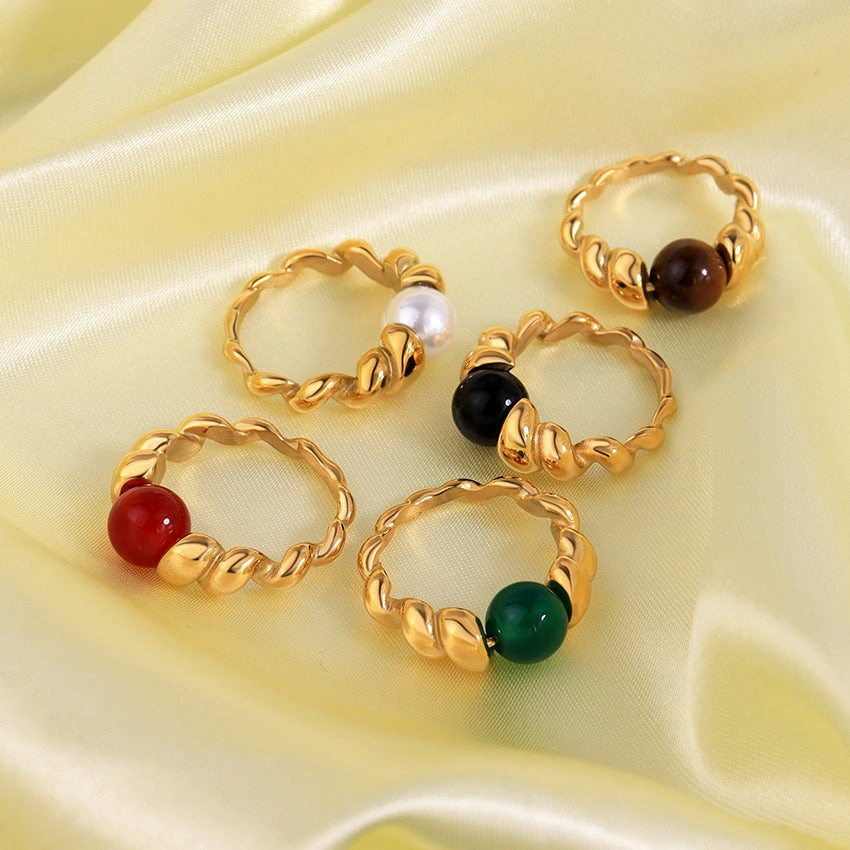 Wholesale Stainless Steel 18K Gold Inlaid with Pearl Natural Stone Ring Finger