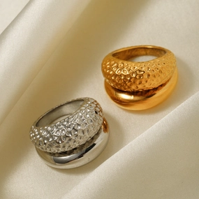 Wholesale Stainless Steel 18k Gold Plated Double Layer Hammered Glossy Stainless Steel Ring