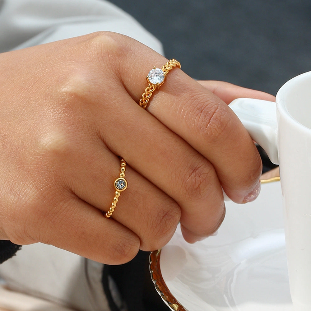 Wholesale Stainless Steel 18K Gold Plated Open Round Bead Zircon Ring
