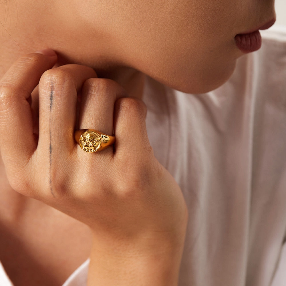 Wholesale Stainless Steel 18k Gold Plated Round Angel Ring