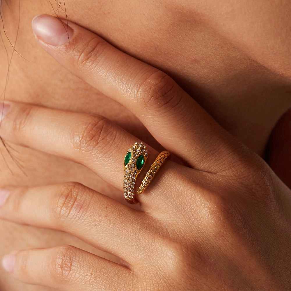 Wholesale Stainless Steel 18K Gold Plated Serpentine Zircon Ring
