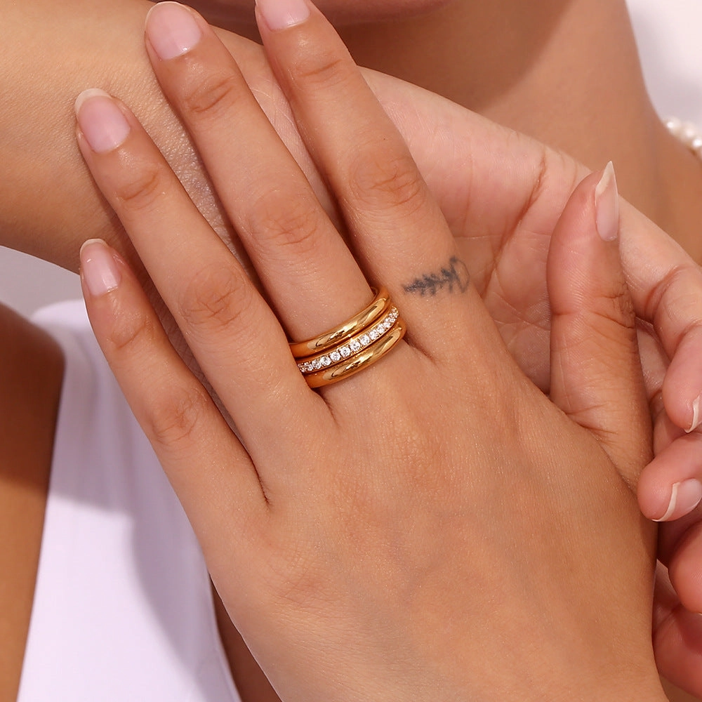 Wholesale Stainless Steel 18K Gold Plated Zircon Plain Three-layer Stacking Rings