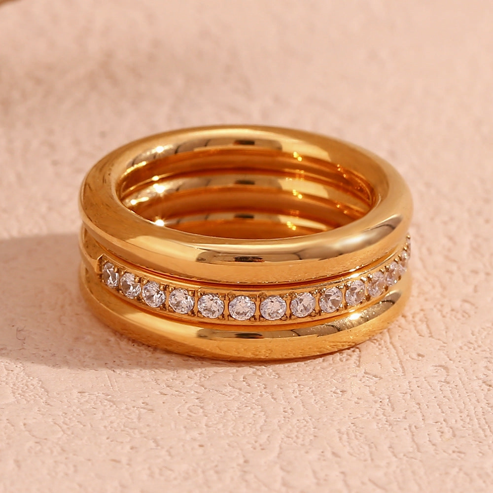 Wholesale Stainless Steel 18K Gold Plated Zircon Plain Three-layer Stacking Rings