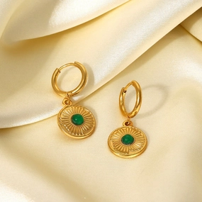 Wholesale Stainless Steel 18K Gold Semi Precious Stone Round Coin Pendant Earrings