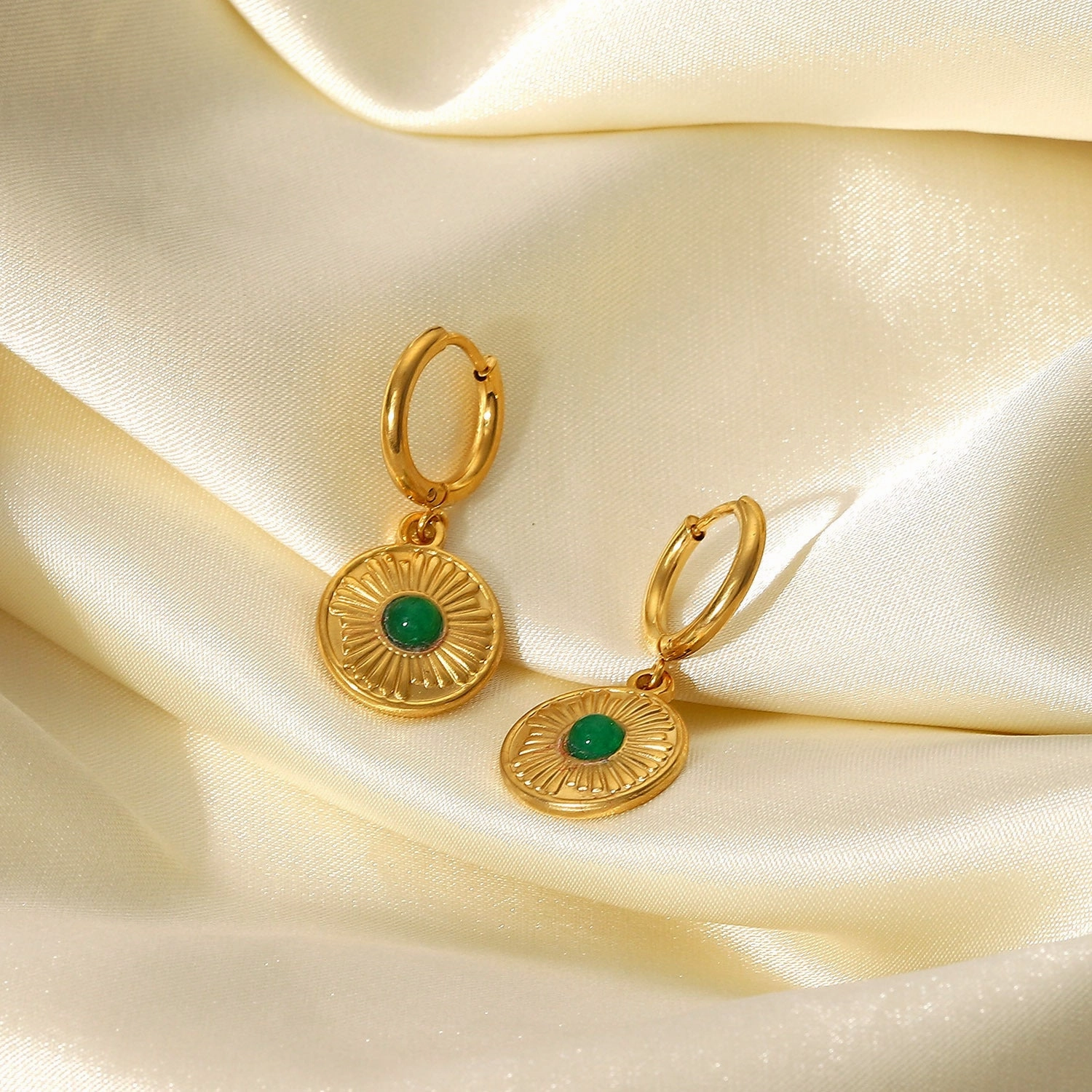 Wholesale Stainless Steel 18K Gold Semi Precious Stone Round Coin Pendant Earrings