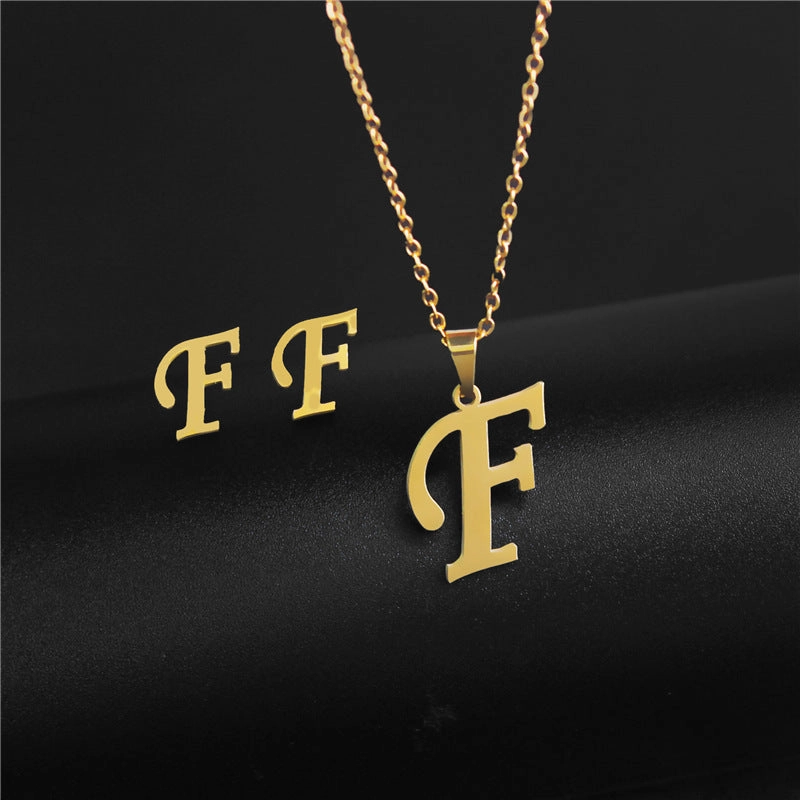 Wholesale Stainless Steel 26 Letter Necklace Earrings Two Piece Set